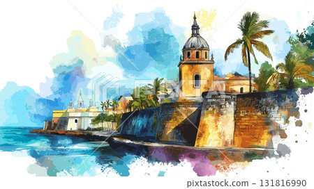 Old San Juan. Old San Juan hand drawn watercolor illustration Old San Juan. Old San Juan hand drawn watercolor illustration 131816990