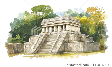 Palenque Ruins. Palenque Ruins hand drawn watercolor illustration 131816994