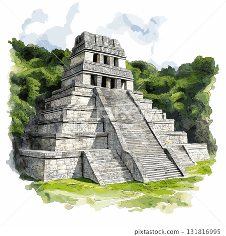 Palenque Ruins. Palenque Ruins hand drawn watercolor illustration 131816995