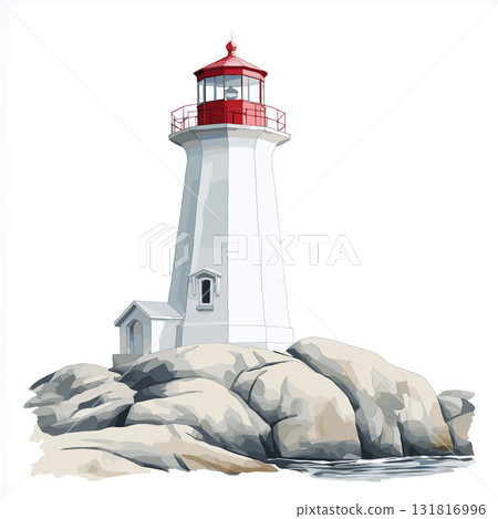 Peggys Cove Lighthouse. Peggy Cove Lighthouse hand drawn watercolor illustration 131816996