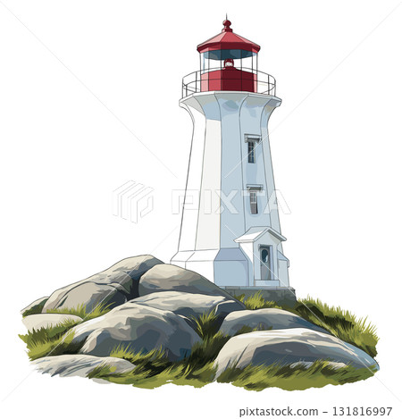 Peggys Cove Lighthouse. Peggy Cove Lighthouse hand drawn watercolor illustration 131816997