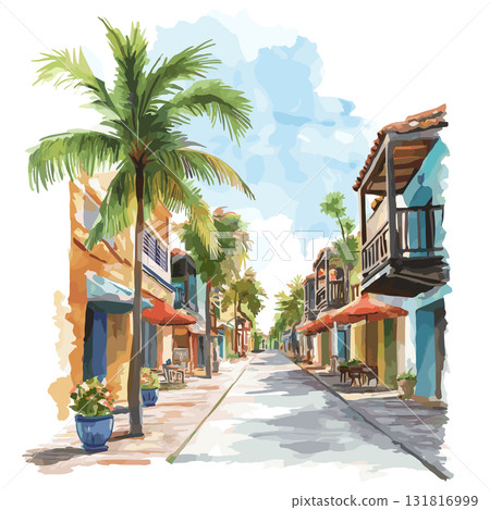 Playa del Carmen. Playa del Carmen hand drawn watercolor illustration 131816999