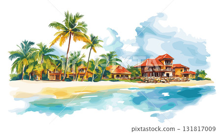 Punta Cana. Punta Cana hand drawn watercolor illustration 131817009