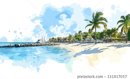 Seven Mile Beach. Seven Mile Beach hand drawn watercolor illustration 131817037