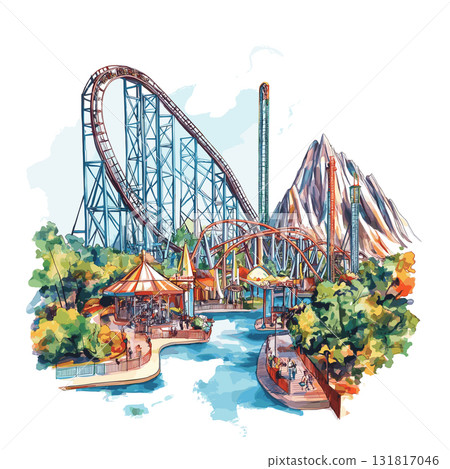 Six Flags Magic Mountain. Six Flags Magic Mountain hand drawn watercolor illustration 131817046