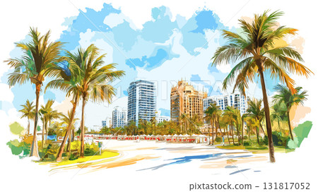Miamis South Beach. Miamis South Beach hand drawn watercolor illustration 131817052