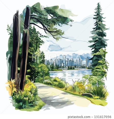 Stanley Park. Stanley Park hand drawn watercolor illustration 131817056