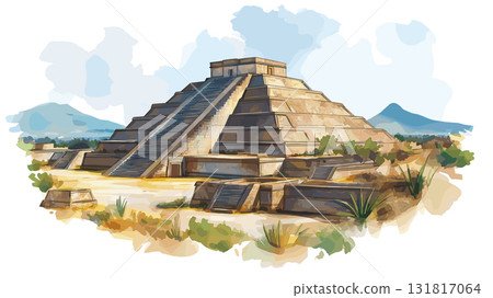 Teotihuacan. Teotihuacan hand drawn watercolor illustration Teotihuacan. Teotihuacan hand drawn watercolor illustration 131817064