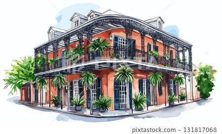 The French Quarter. The French Quarter hand drawn watercolor illustration The French Quarter. The French Quarter hand drawn watercolor illustration 131817068