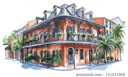 The French Quarter. The French Quarter hand drawn watercolor illustration The French Quarter. The French Quarter hand drawn watercolor illustration 131817069