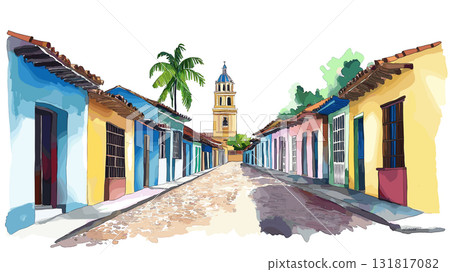 Trinidad Old Town. Trinidad Old Town hand drawn watercolor illustration 131817082