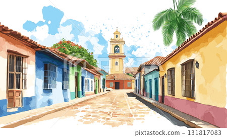 Trinidad Old Town. Trinidad Old Town hand drawn watercolor illustration Trinidad Old Town. Trinidad Old Town hand drawn watercolor illustration 131817083