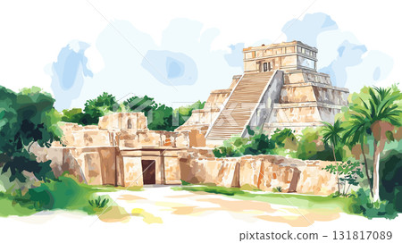 Uxmal. Uxmal hand drawn watercolor illustration 131817089