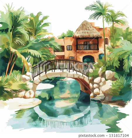 Xcaret Eco Park. Xcaret Eco Park hand drawn watercolor illustration 131817104