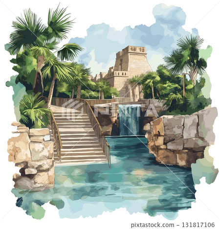 Xcaret Eco Park. Xcaret Eco Park hand drawn watercolor illustration 131817106