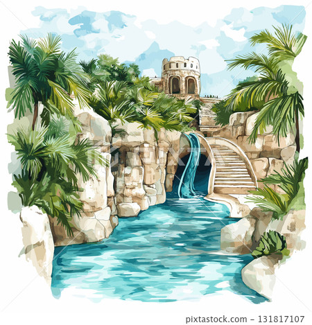 Xcaret Eco Park. Xcaret Eco Park hand drawn watercolor illustration 131817107