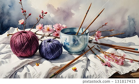 Flowers, lace, curtains, and lace on the bench 131817415