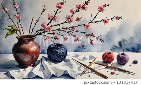 Plum blossom painted in watercolor 131817417