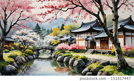 Kiyomizu-dera Temple with cherry blossoms in full bloom and Japanese-style architecture floating on the pond 131817447