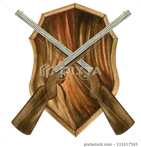 Guns crisscrossed on an oak shield. Hand-drawn watercolor illustration. Isolated on a white background 131817565