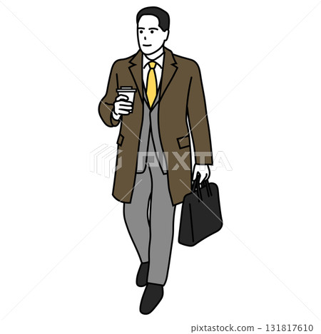 冬季通勤：一位男士身穿外套，手持咖啡 131817610