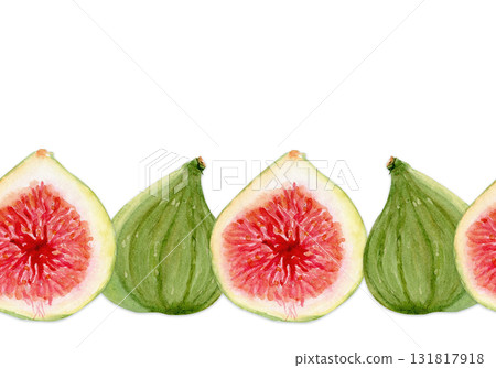 Figs watercolor seamless border, whole fruits, slices isolated on white. Hand painted illustration for food design, organic market, packaging, recipe books, kitchen decor, healthy lifestyle concepts 131817918