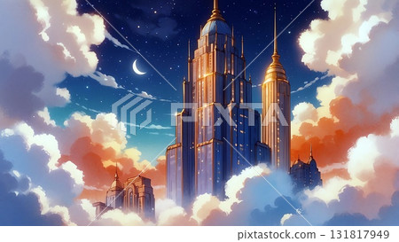 遊戲：透過雲層可以看到星空和摩天大樓的美麗夜景，還有一輪滿月 131817949