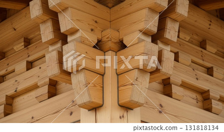 Complex wooden log construction corner joint showing interlocking timber beams with precise notched craftsmanship and natural wood grain patterns in traditional building architecture 131818134