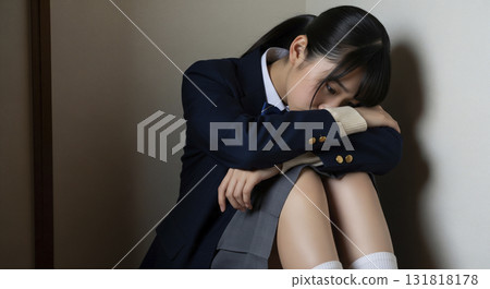 一名高中女生坐在房間角落裡，心情沮喪 131818178