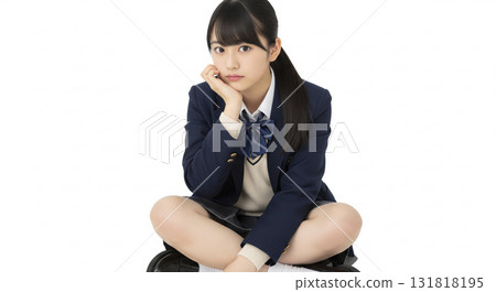一名高中女生盤腿而坐，用手托著下巴 131818195