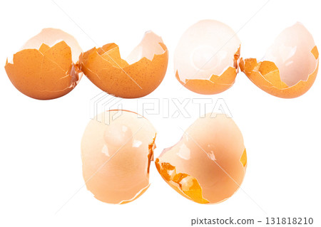 Broken chicken eggshell on white background 131818210