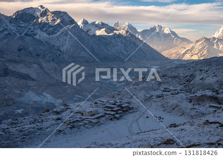 Beautiful view of Gorakshep village the last village before reaching to Everest Base Camp in Nepal during sunrise. 131818426