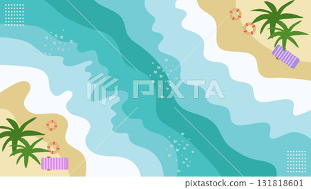 Beach Flat Illustration Banner Background with Abstract Waves, Palm Tree, Lifebuoy, and Sand Texture 131818601