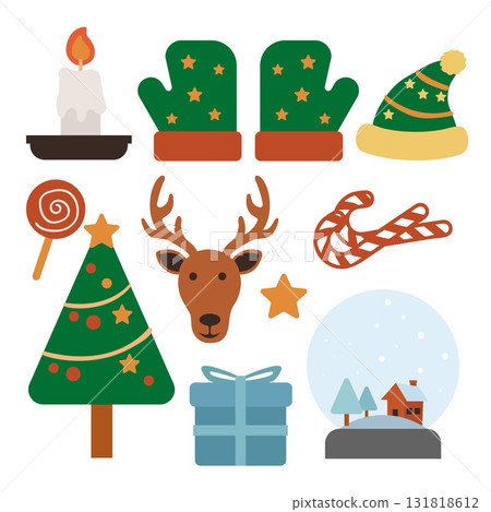 Christmas Elements Flat Design Collection Set with Santa Hat Reindeer and Candy Cane.Vector Illustration Christmas Elements Flat Design Collection Set with Santa Hat Reindeer and Candy Cane.Vector Illustration 131818612