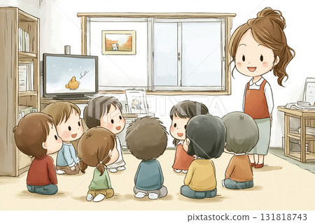 幼兒園老師與孩子們一起唱歌 131818743