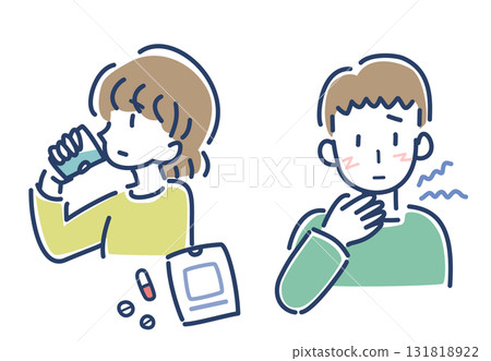 Vector illustration of a woman taking medicine and a man with a sore throat Vector illustration of a woman taking medicine and a man with a sore throat 131818922