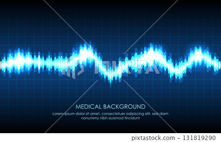 Illustration of Emergency ekg monitoring. Blue Glowing Neon Heart Pulse. Heartbeat. Dark Blue Background with a Grid. Vector Illustration. All in a single layer. 131819290