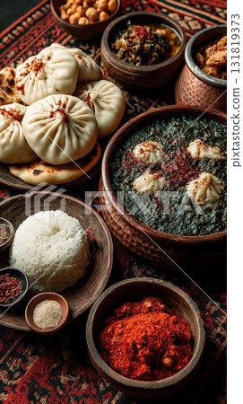 Authentic Asian Feast: Traditional Food, Rice, and Spices on Rug 131819373