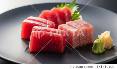 Tuna and Fatty Tuna Sashimi on Dark Plate 131819509