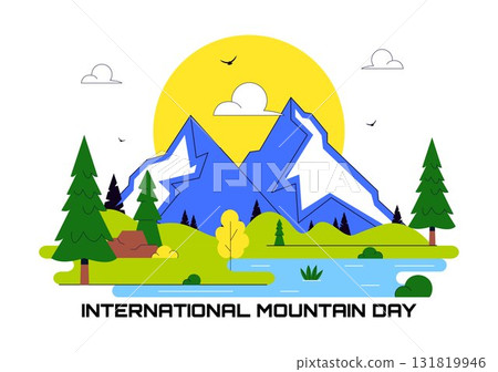 International Mountain Day Vector Illustration Celebrated on December 11, Featuring Mountain Landscape, Green Valleys, and Trees in a Flat Background 131819946