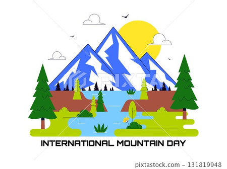International Mountain Day Vector Illustration Celebrated on December 11, Featuring Mountain Landscape, Green Valleys, and Trees in a Flat Background 131819948