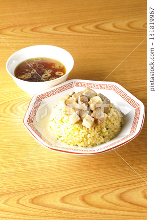 Egg fried rice topped with diced pork and Chinese soup Egg fried rice topped with diced pork and Chinese soup 131819967