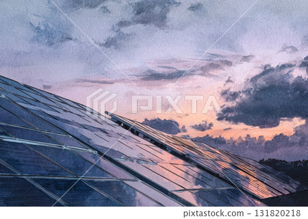 Solar panels reflecting sunset colors in a serene landscape showcasing renewable bioenergy concept 131820218