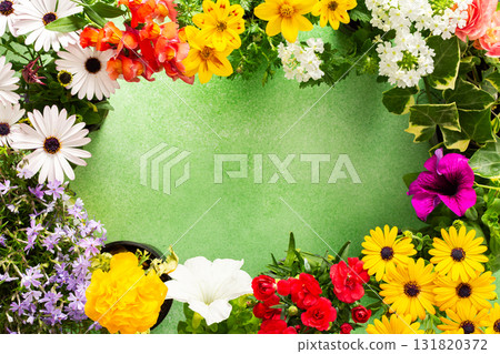 A beautiful collection of spring flowers decorates a balcony or terrace, creating a lively and cheerful atmosphere. Various colors and types of flowers bring joy to the space. A beautiful collection of spring flowers decorates a balcony or terrace, creating a lively and cheerful atmosphere. Various colors and types of flowers bring joy to the space. 131820372