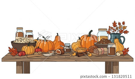 Autumn Harvest Display of Pumpkins Jars and Fall Foliage on Wooden Table 131820511