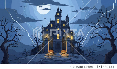 Eerie Mansion Under Full Moon With Pumpkins And Pixelated Style Lightning Strikes 131820533