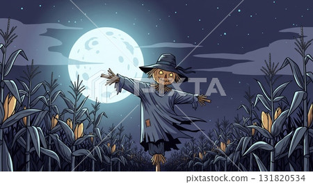 Scarecrow Stands Guard in Cornfield Under Moonlight in Pixel Art Style 131820534
