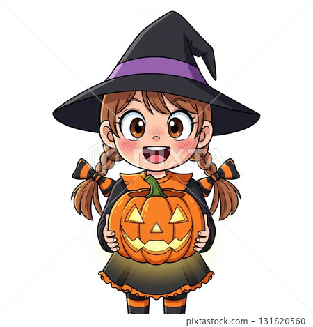 Cartoon Girl in Witch Costume Holding Jack o Lantern Pumpkin Cartoon Girl in Witch Costume Holding Jack o Lantern Pumpkin 131820560