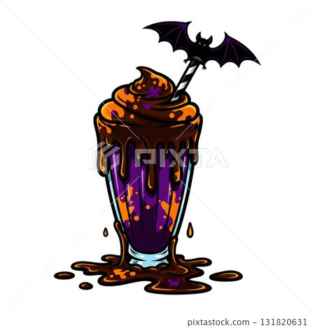 Pixelated Halloween Drink Purple Orange Milkshake Topped with Chocolate Sauce and Bat Straw on Pixelated Halloween Drink Purple Orange Milkshake Topped with Chocolate Sauce and Bat Straw on 131820631