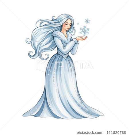 Digital Illustration of Winter Woman Holding Snowflakes in White Dress on White Background 131820788